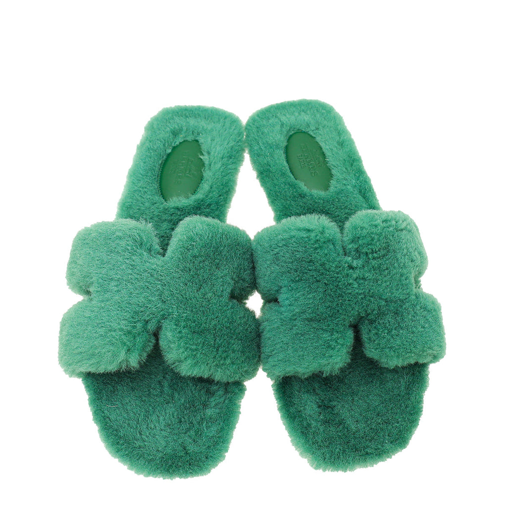 Hermes Vert Anglais Woolskin Shearling Oran Sandal 38