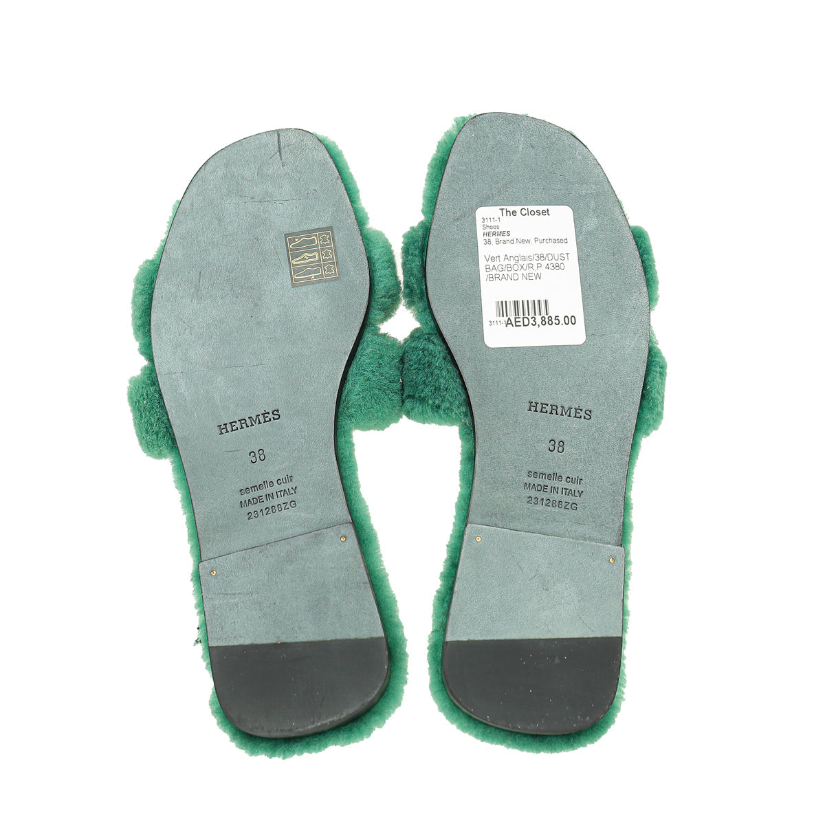 Hermes Vert Anglais Woolskin Shearling Oran Sandal 38