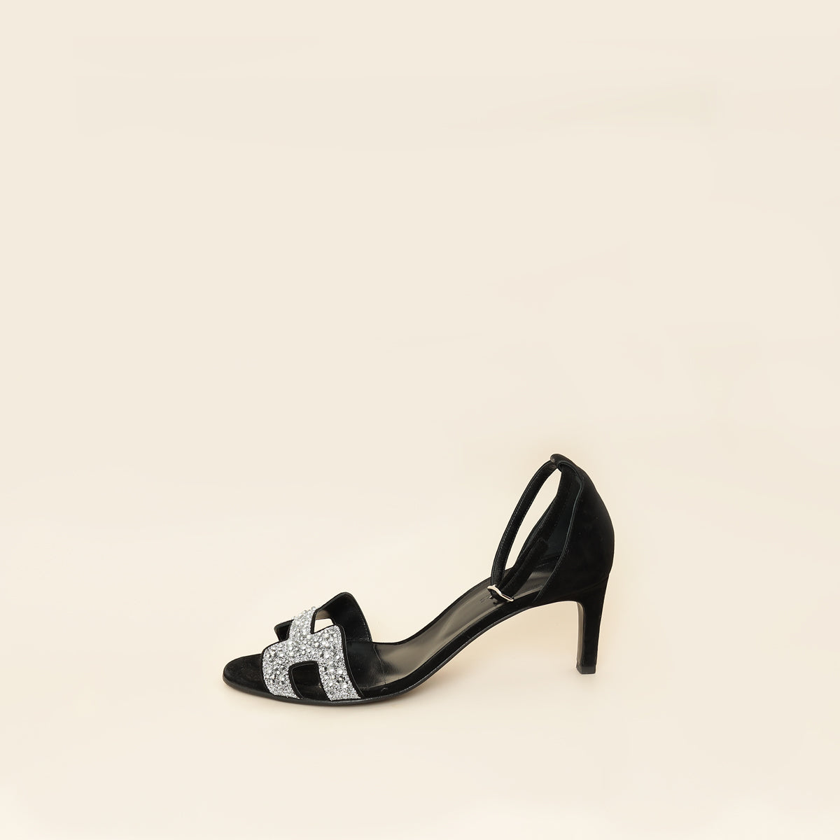 Hermes Noir Premiere 70 Crystal Details Suede Goatskin Sandal 39.5