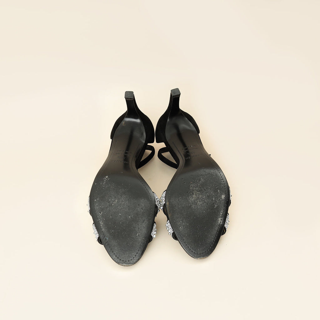 Hermes Noir Premiere 70 Crystal Details Suede Goatskin Sandal 39.5