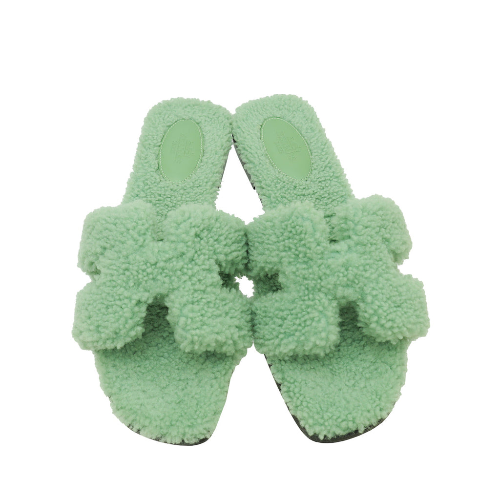 Hermes Vert D'eau Oran Shearling Wool Sandal 39.5