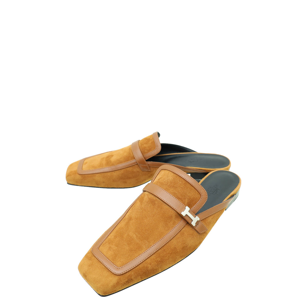Hermes Brun Amourette Goatskin Suede Groupie Mules 39.5