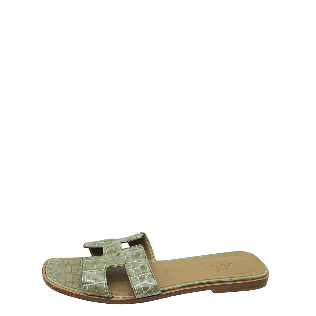 Hermes Vert Verone Shiny Alligator Oran Mississippiensis Sandal 39