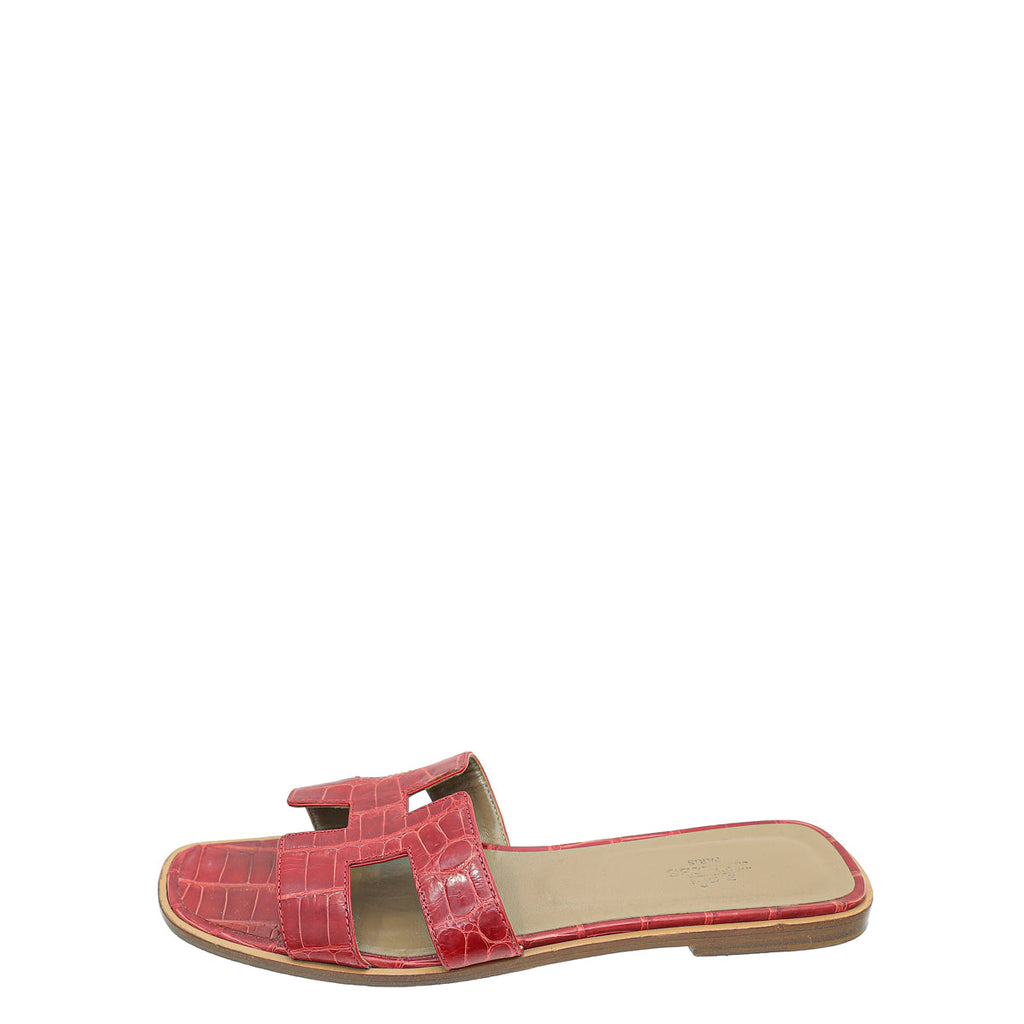 Hermes Rouge Shiny Alligator Oran Mississippiensis Sandal 39