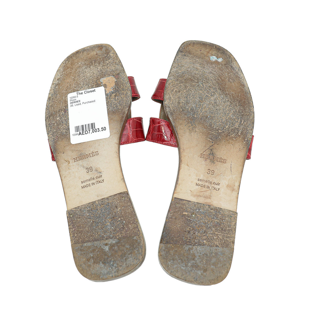 Hermes Rouge Shiny Alligator Oran Mississippiensis Sandal 39