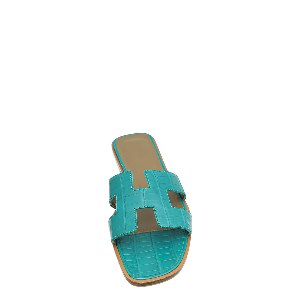 Hermes Vert Jade Alligator Oran Sandals 39