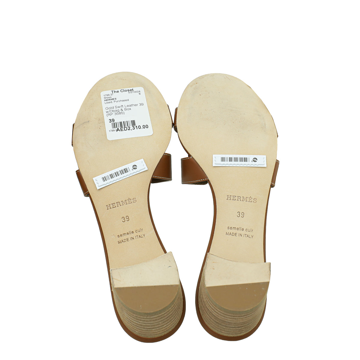 Hermes Gold Oasis Sandal 39