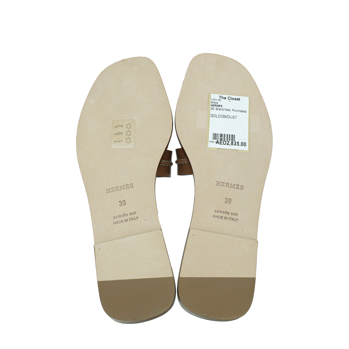 Hermes Gold Oran Pique Sandals 39