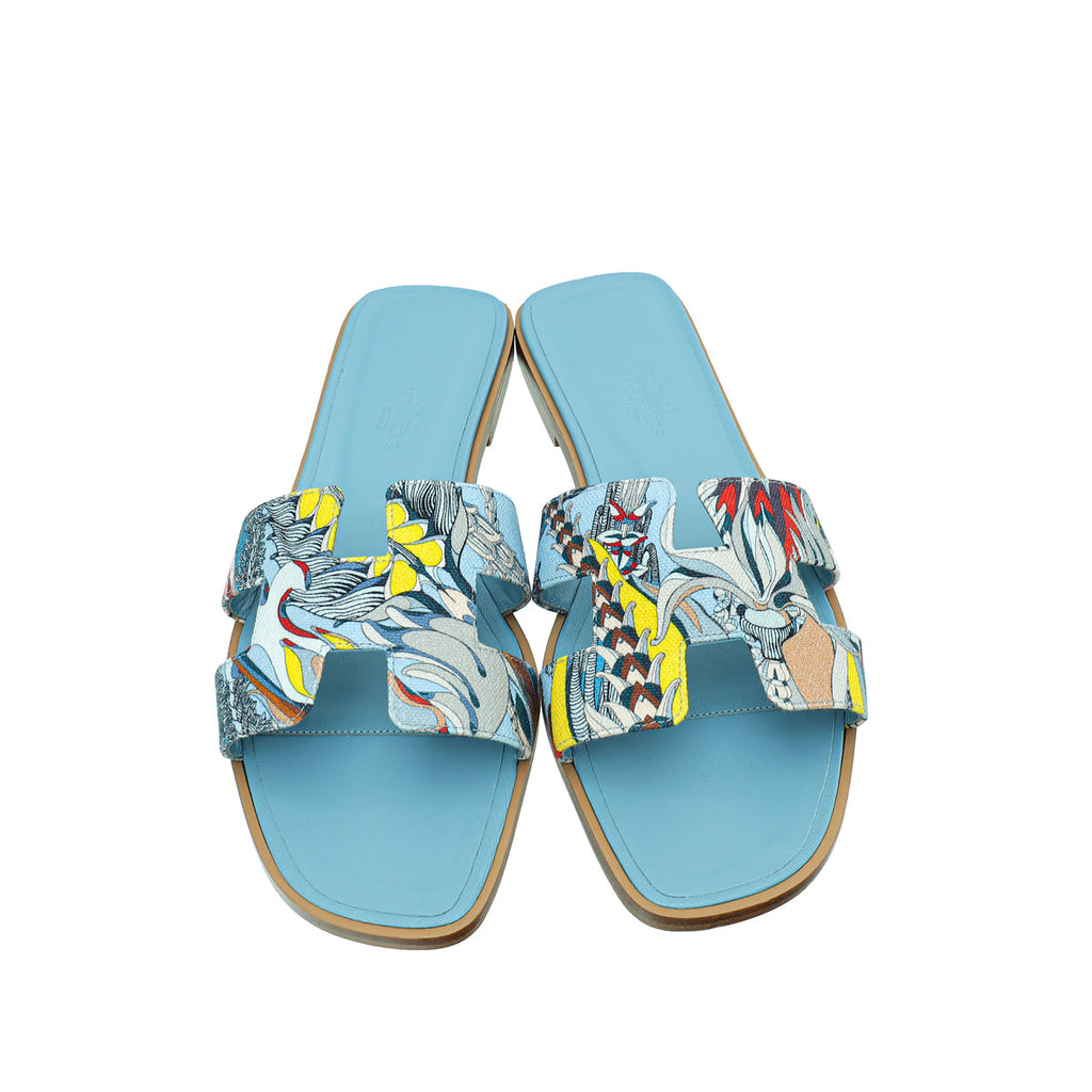 Hermes Bleu Dorse Fantaisie Botanique Oran Sandal 39