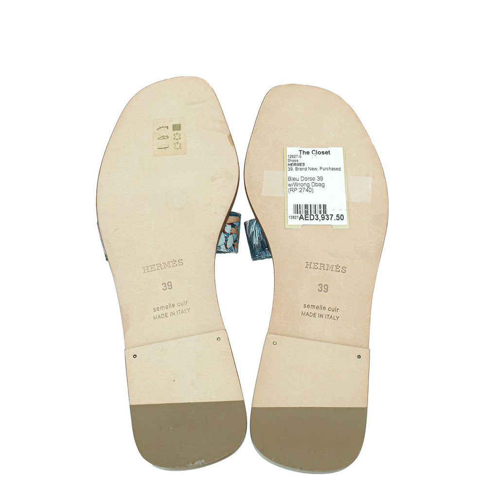 Hermes Bleu Dorse Fantaisie Botanique Oran Sandal 39