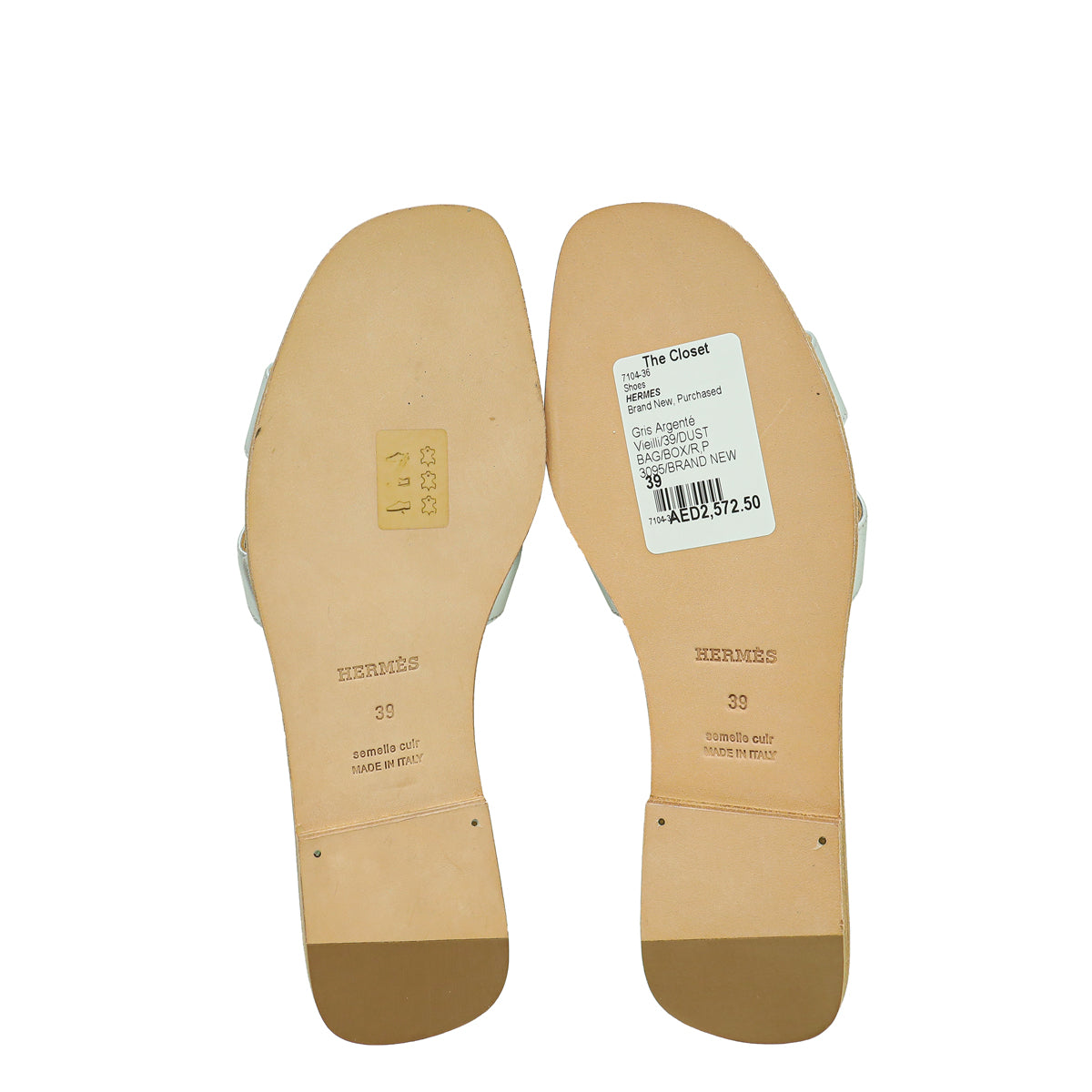 Hermes Gris Argenté Vieilli Metallic Nappa Oran Sandal 39
