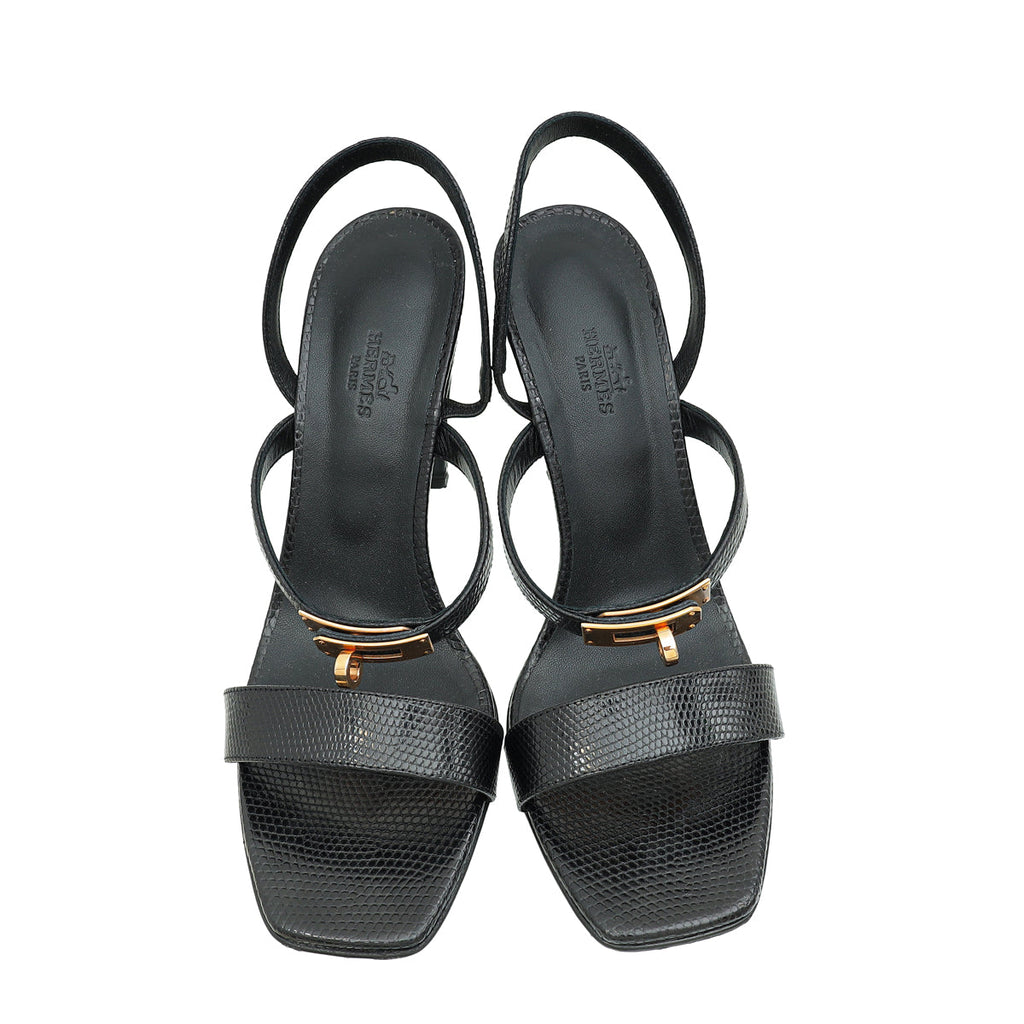Hermes Noir Lizard Glamour 75 Sandal 40