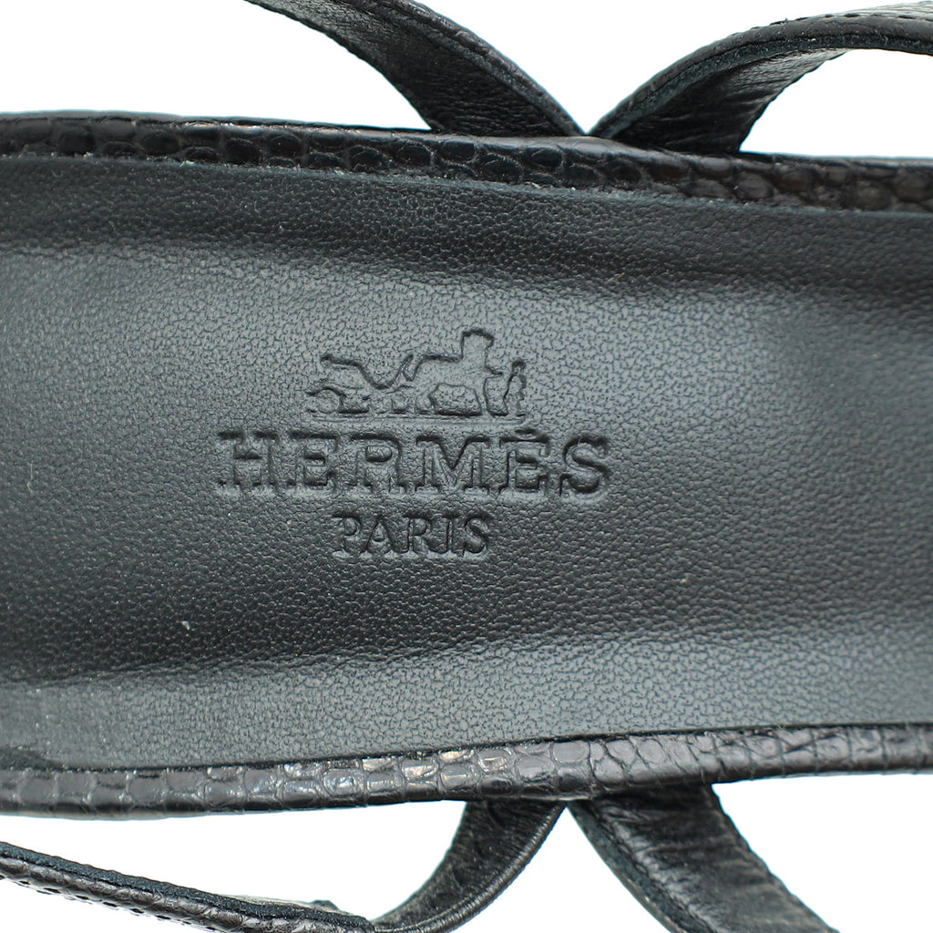 Hermes Noir Lizard Glamour 75 Sandal 40
