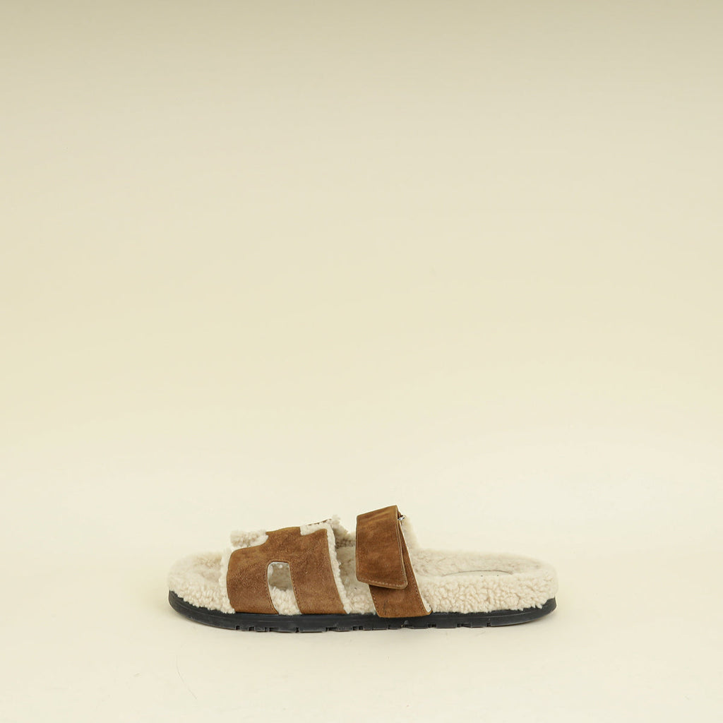 Hermes Naturel Suede Shearling Chypre Sandal 42