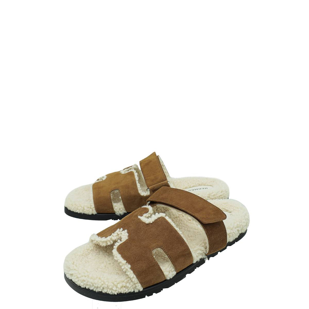 Hermes Bicolor Suede Wool Shearling Chypre Sandal 42