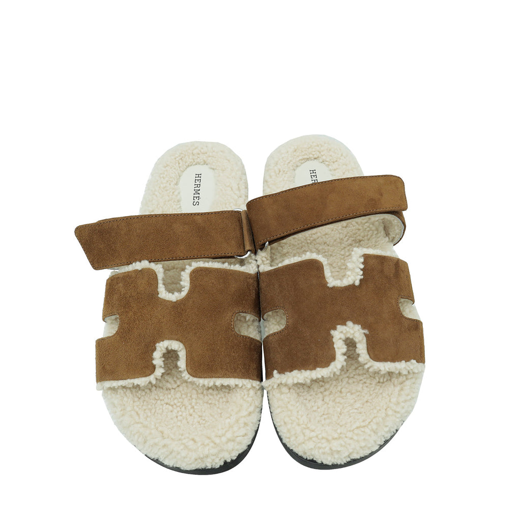 Hermes Bicolor Suede Wool Shearling Chypre Sandal 42