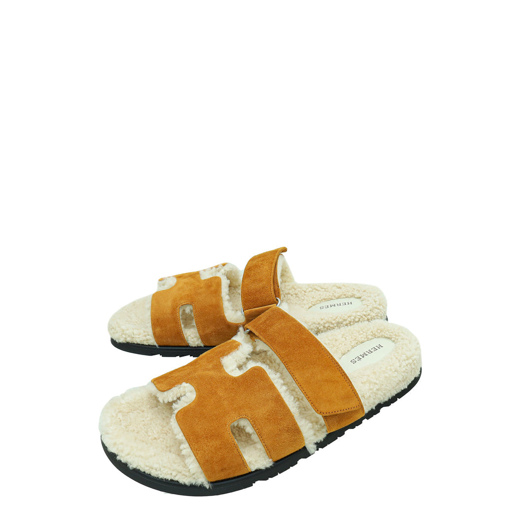 Hermes Bicolor Suede Shearling Chypre Sandals 43