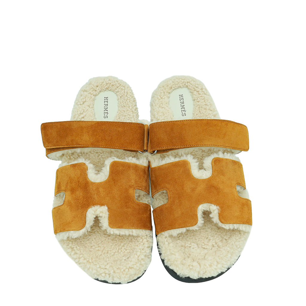 Hermes Bicolor Suede Shearling Chypre Sandals 43