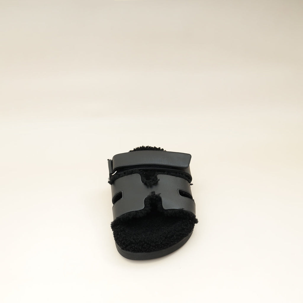 Hermes Noir Chypre With Shearling Sandal 44