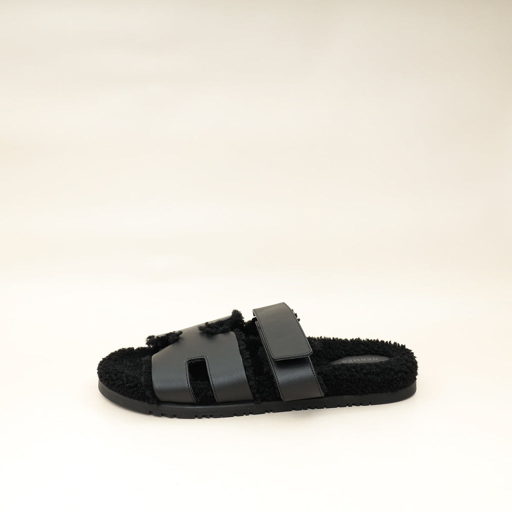 Hermes Noir Chypre With Shearling Sandal 44