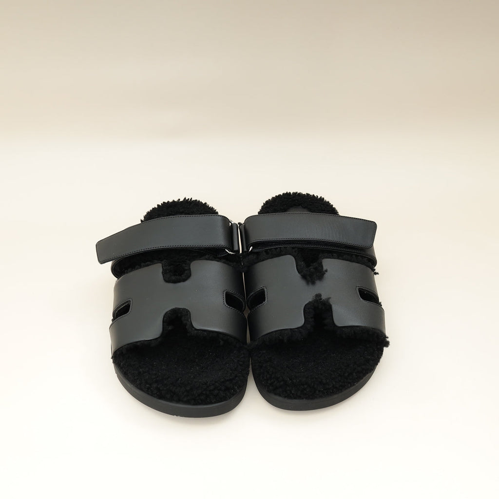 Hermes Noir Chypre With Shearling Sandal 44
