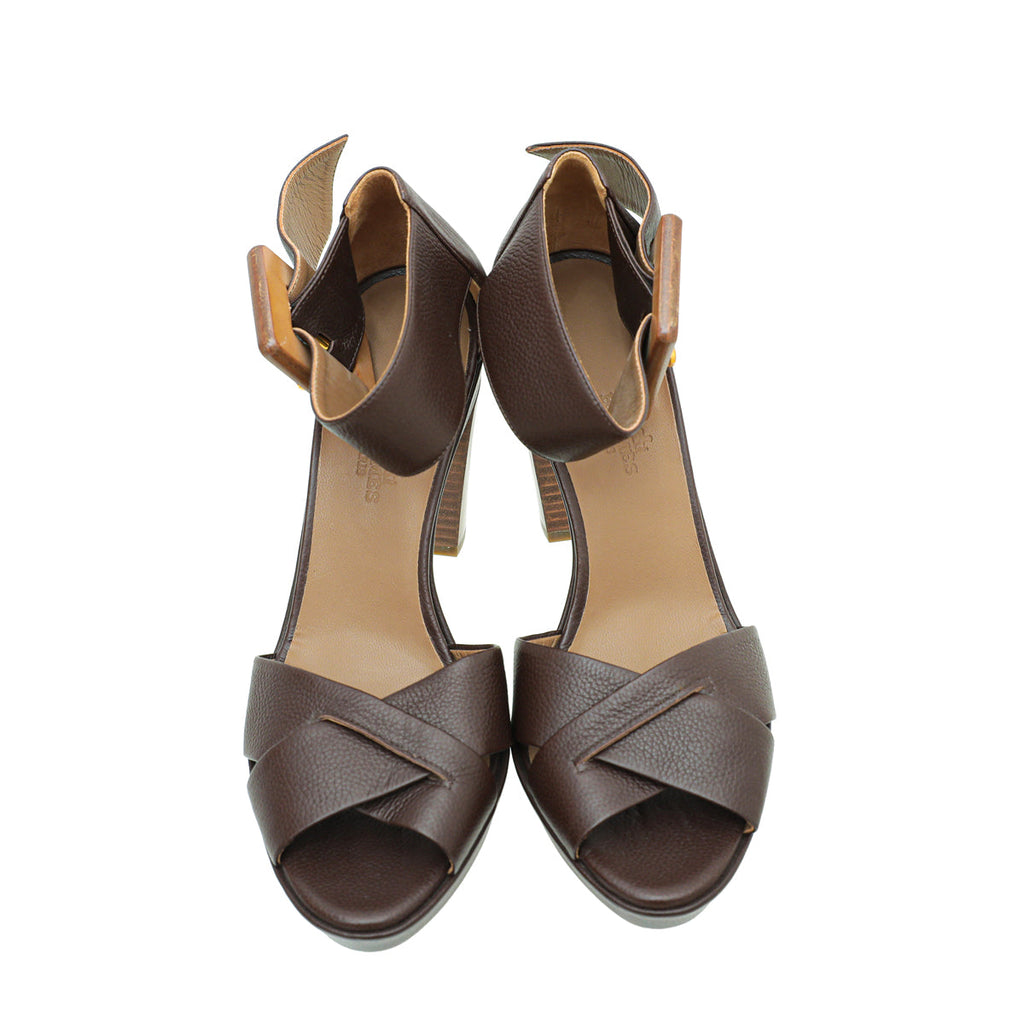 Hermes Chocolate Buckle Platform Sandal 38