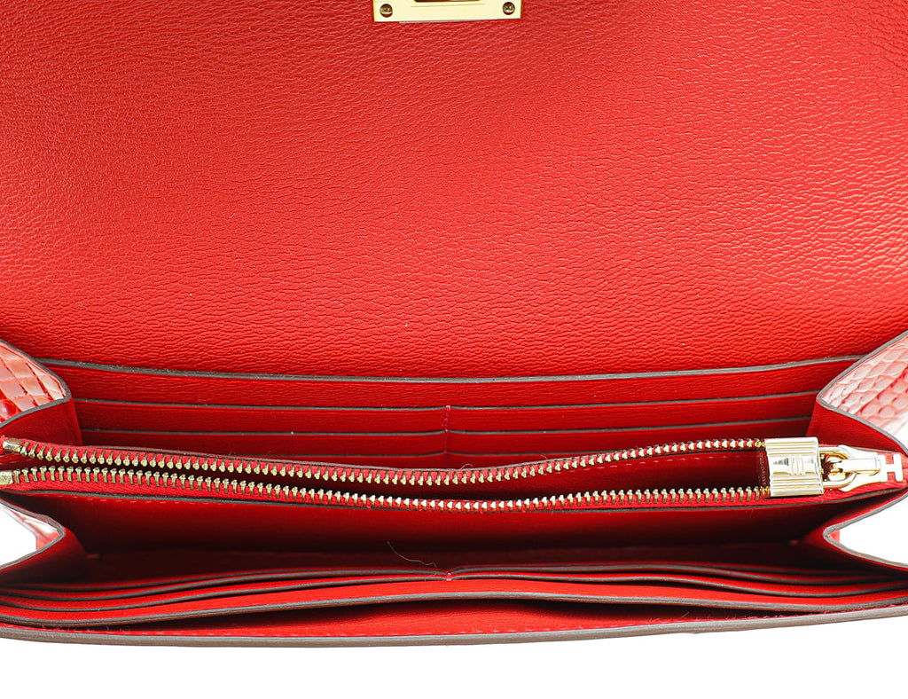 Hermes Geranium Shiny Alligator Kelly Longue Wallet