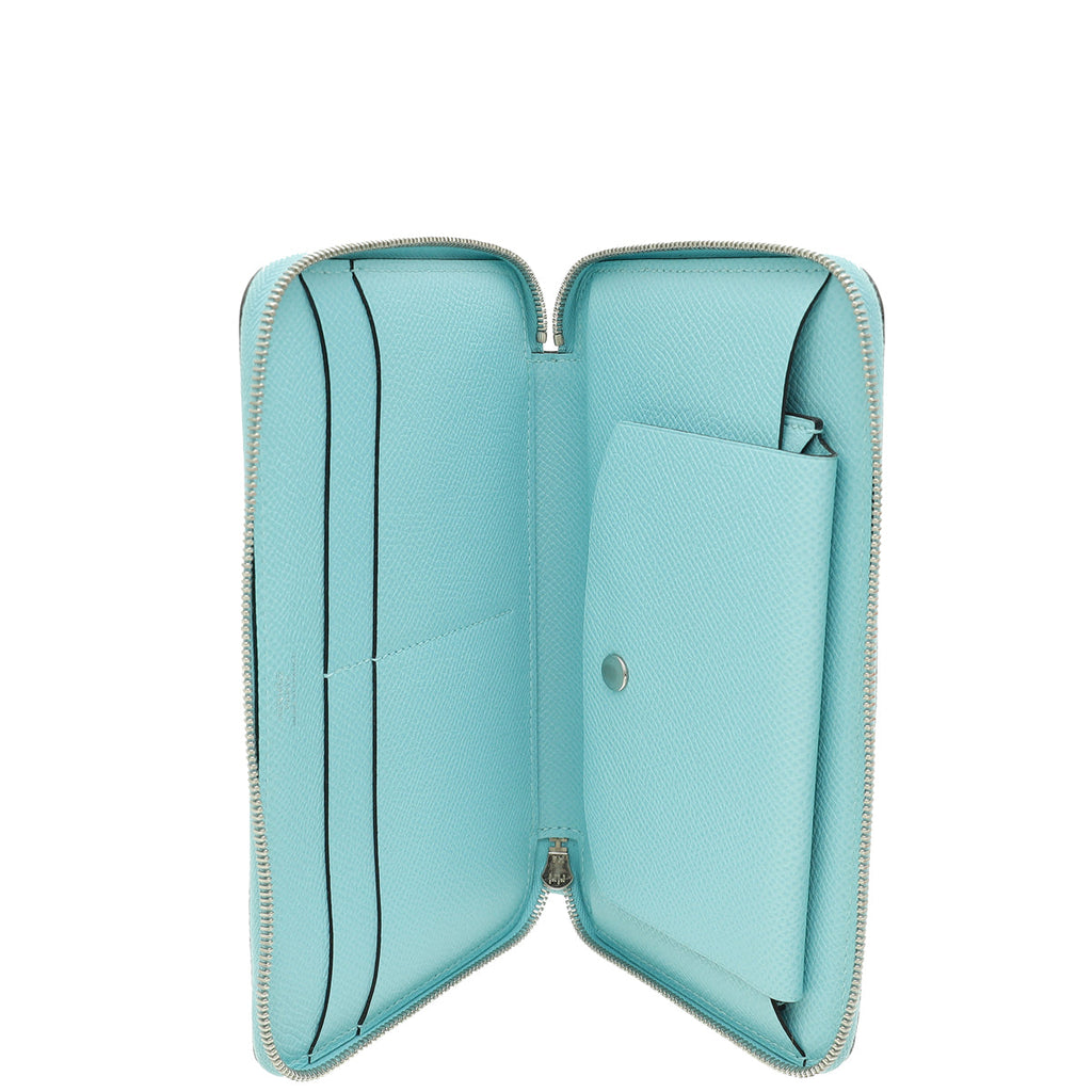 Hermes Bleu Atoll Flamingo Party Soie-Cool Silk Print Azap Zippy Wallet