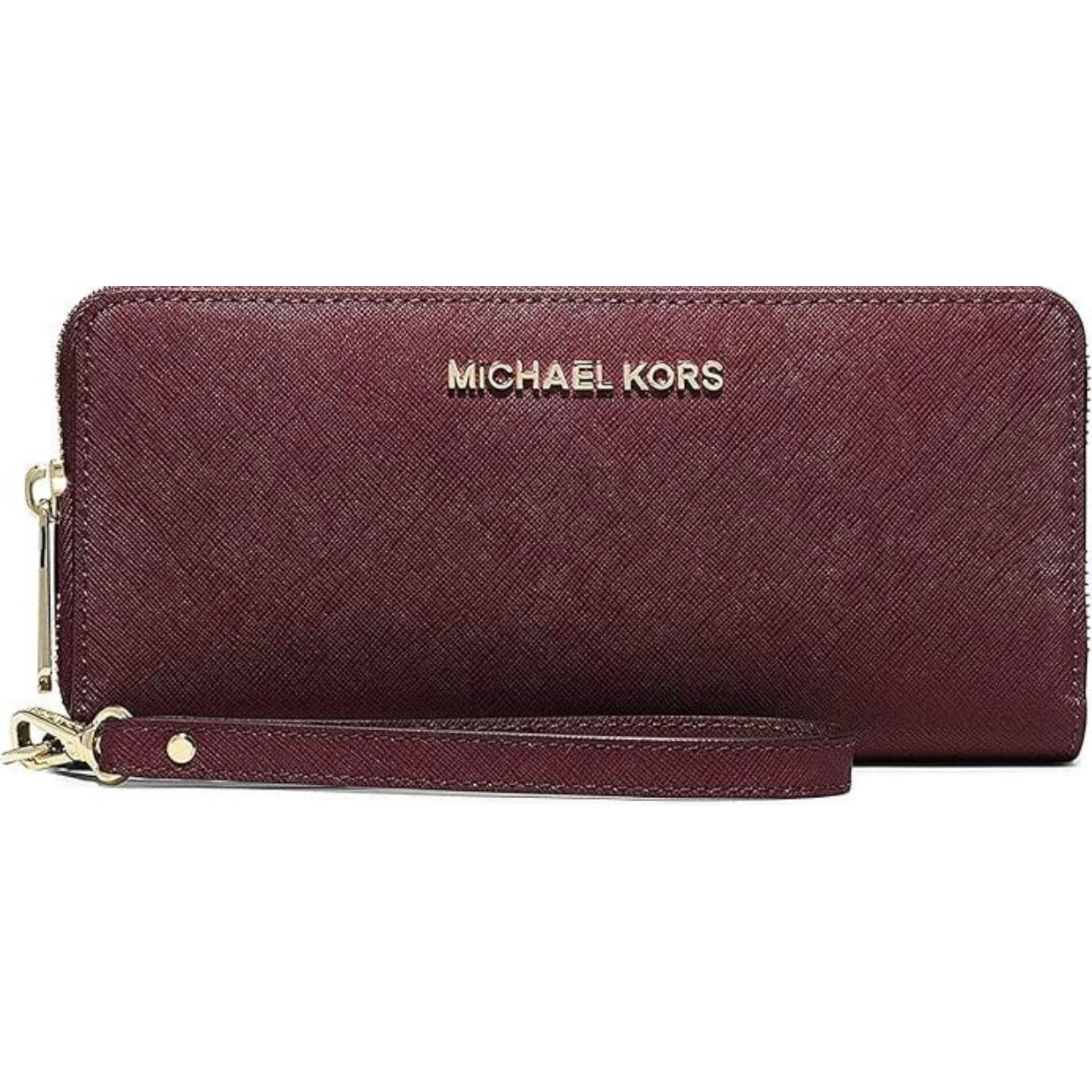 MICHAEL KORS Jet Set Continental Zip Around Leather Burgandy Wristlet