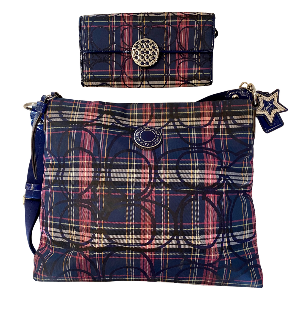 COACH #F20003 Navy Plaid Crossbody/Shoulder Bag with Matching Wallet