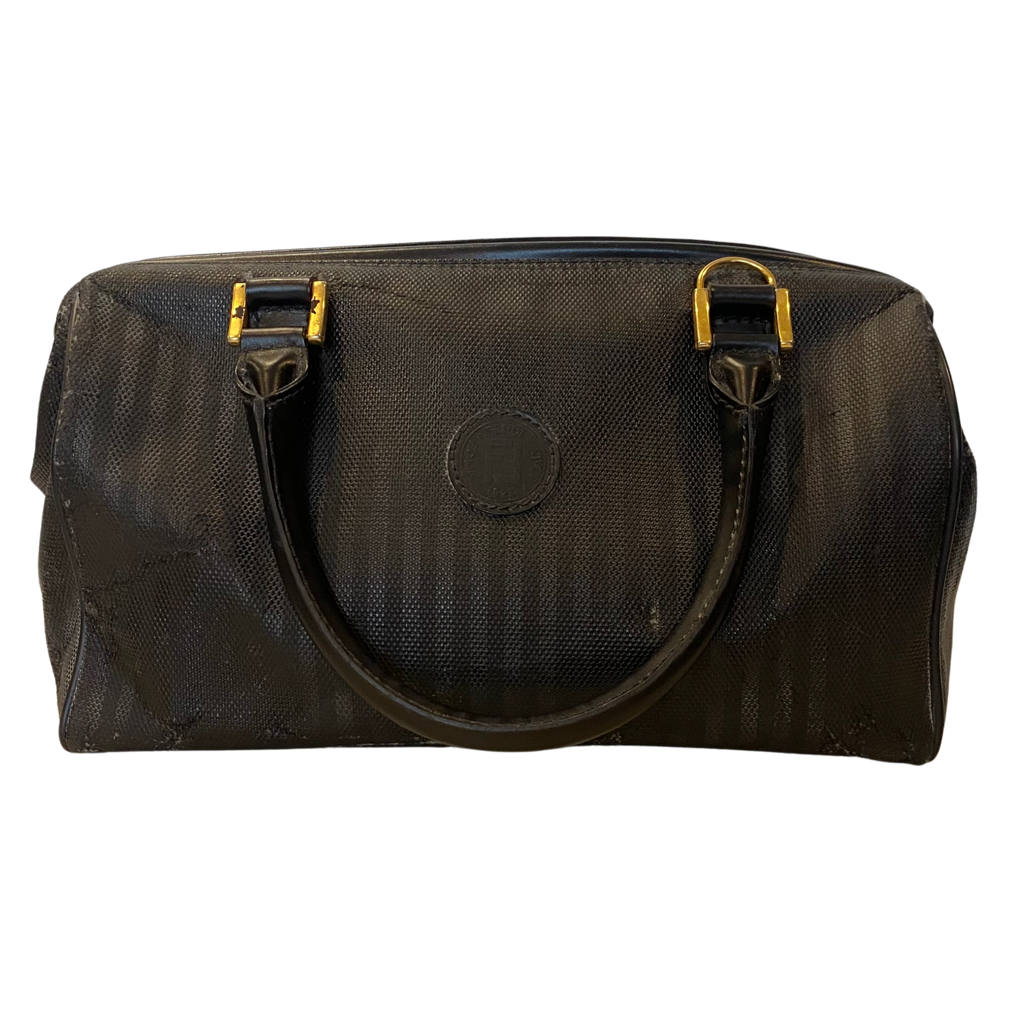 FENDI Vintage Black Striped Canvas Small Boston Handbag