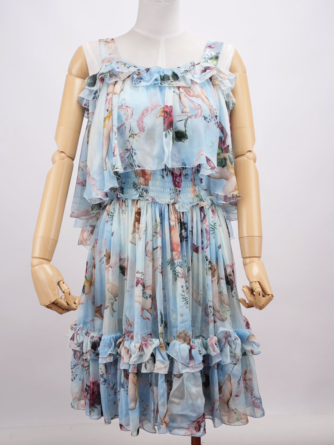 Dolce Gabbana Blue Angle Printed Silk Pleated Midi Dress Blue and Multicolor 38