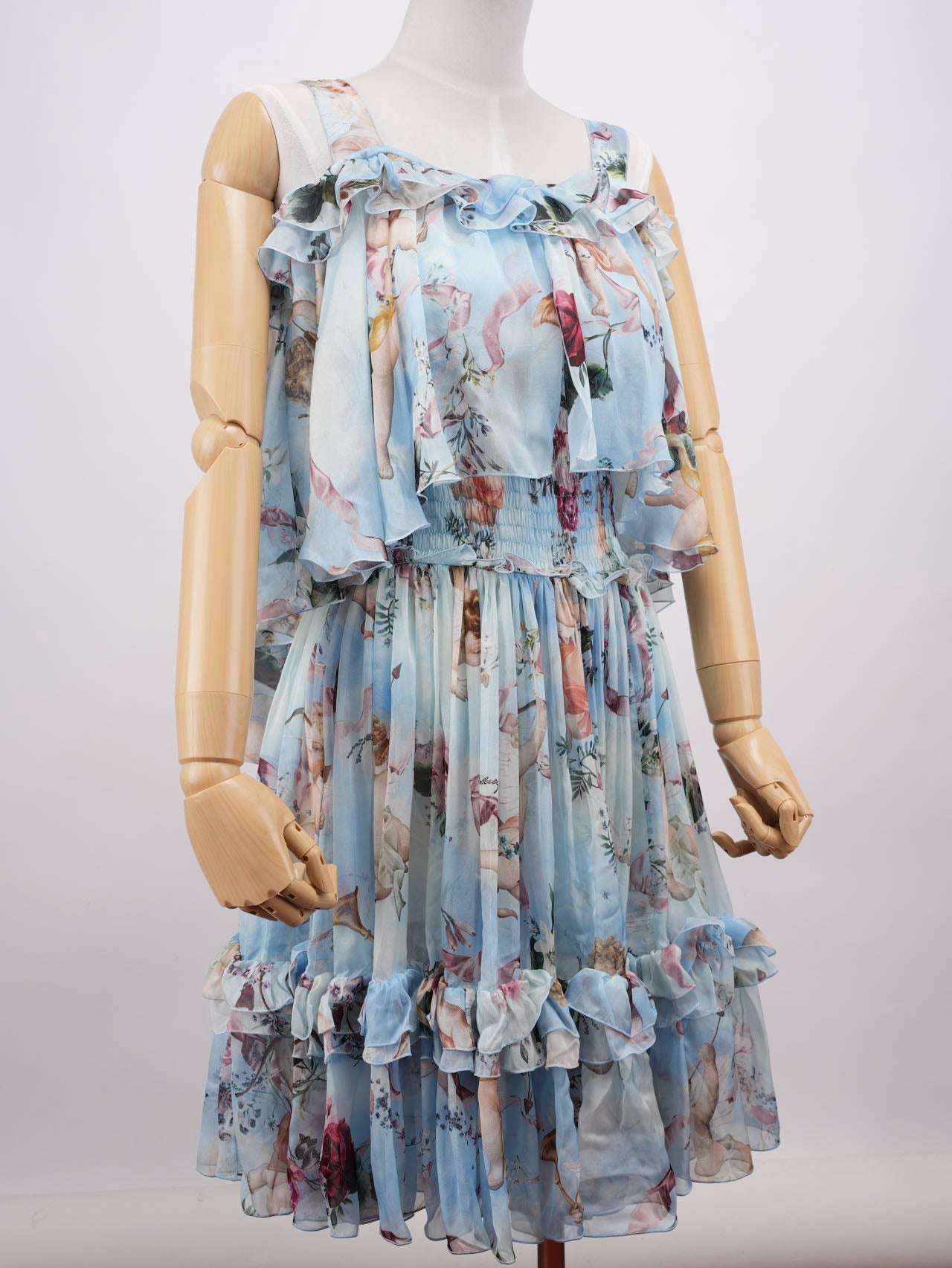 Dolce Gabbana Blue Angle Printed Silk Pleated Midi Dress Blue and Multicolor 38
