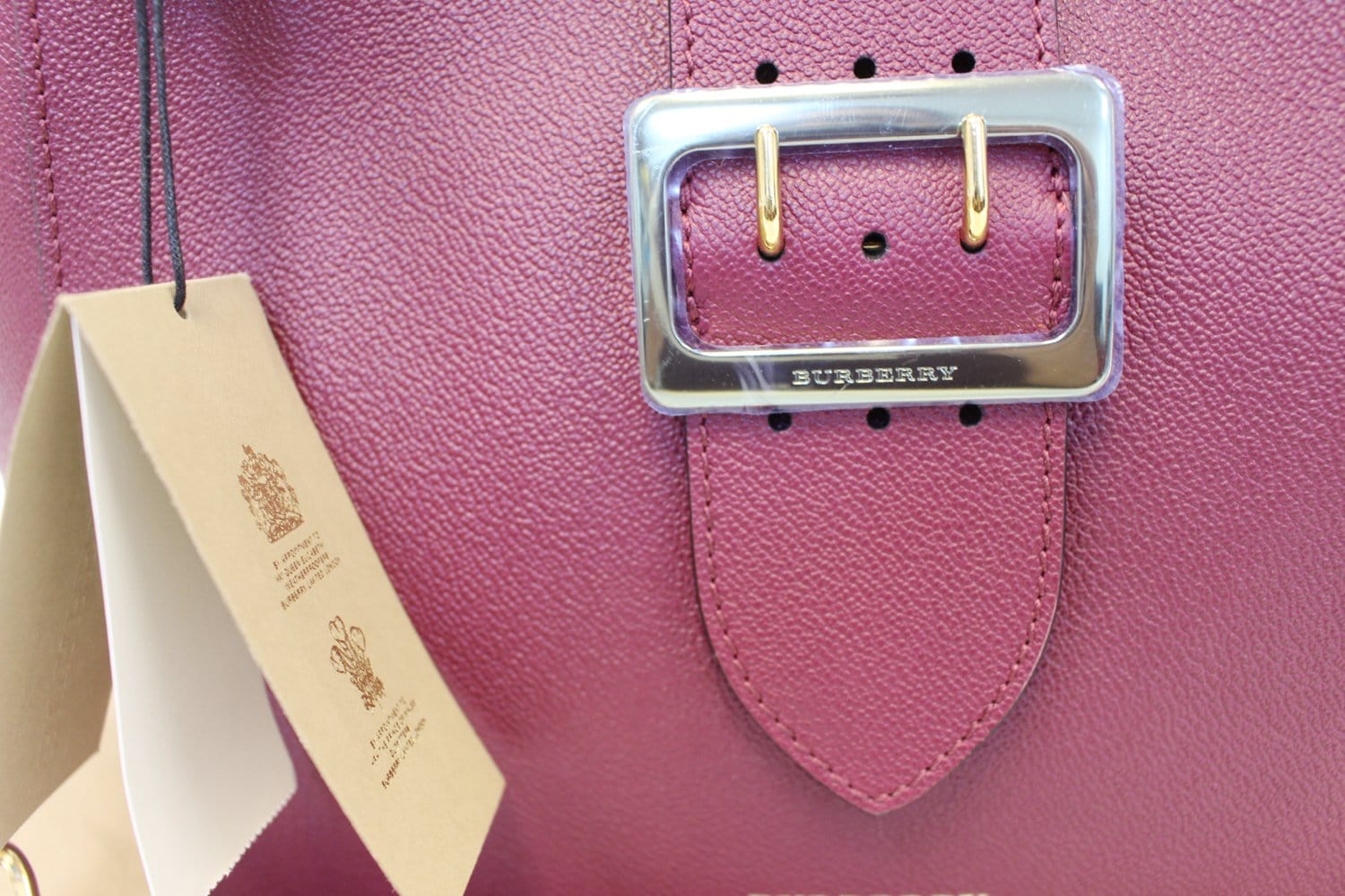 BURBERRY Dark Plum Soft Grain Leather Medium Buckle Tote Bag