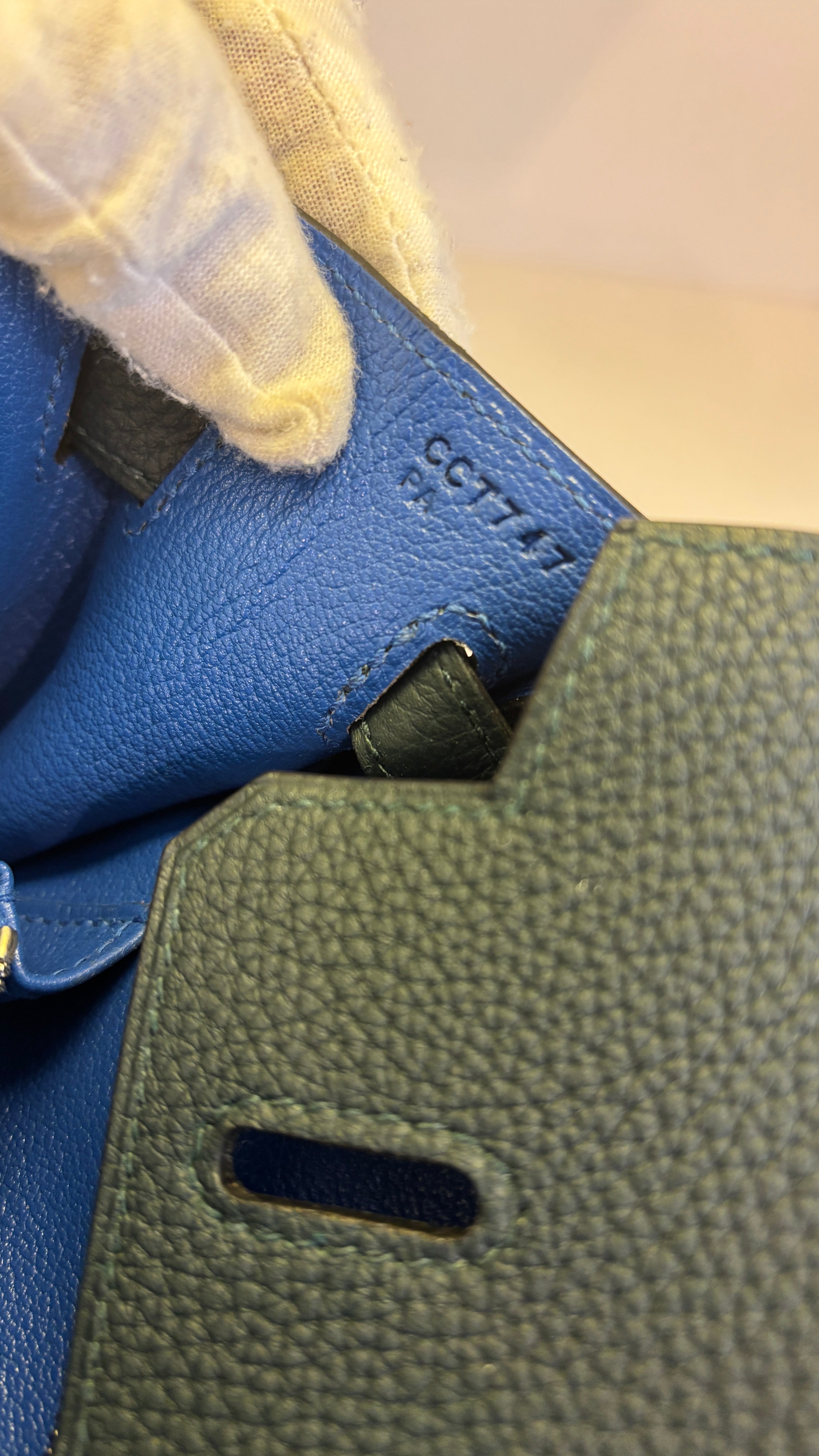 Hermes Birkin 25 handbag in Green Cyprès and Blue Zellige Officier Togo Leather 2018