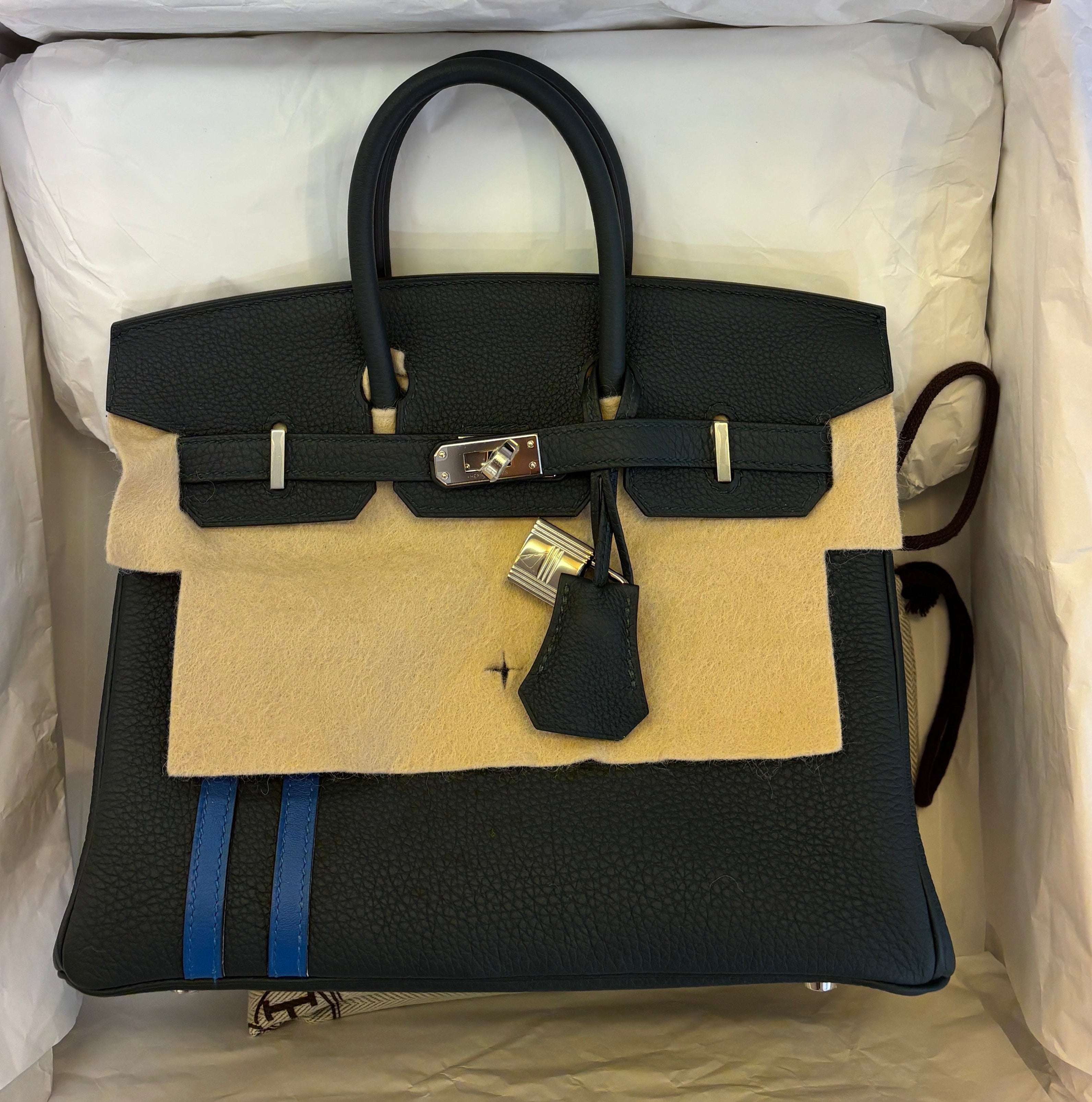 Hermes Birkin 25 handbag in Green Cyprès and Blue Zellige Officier Togo Leather 2018