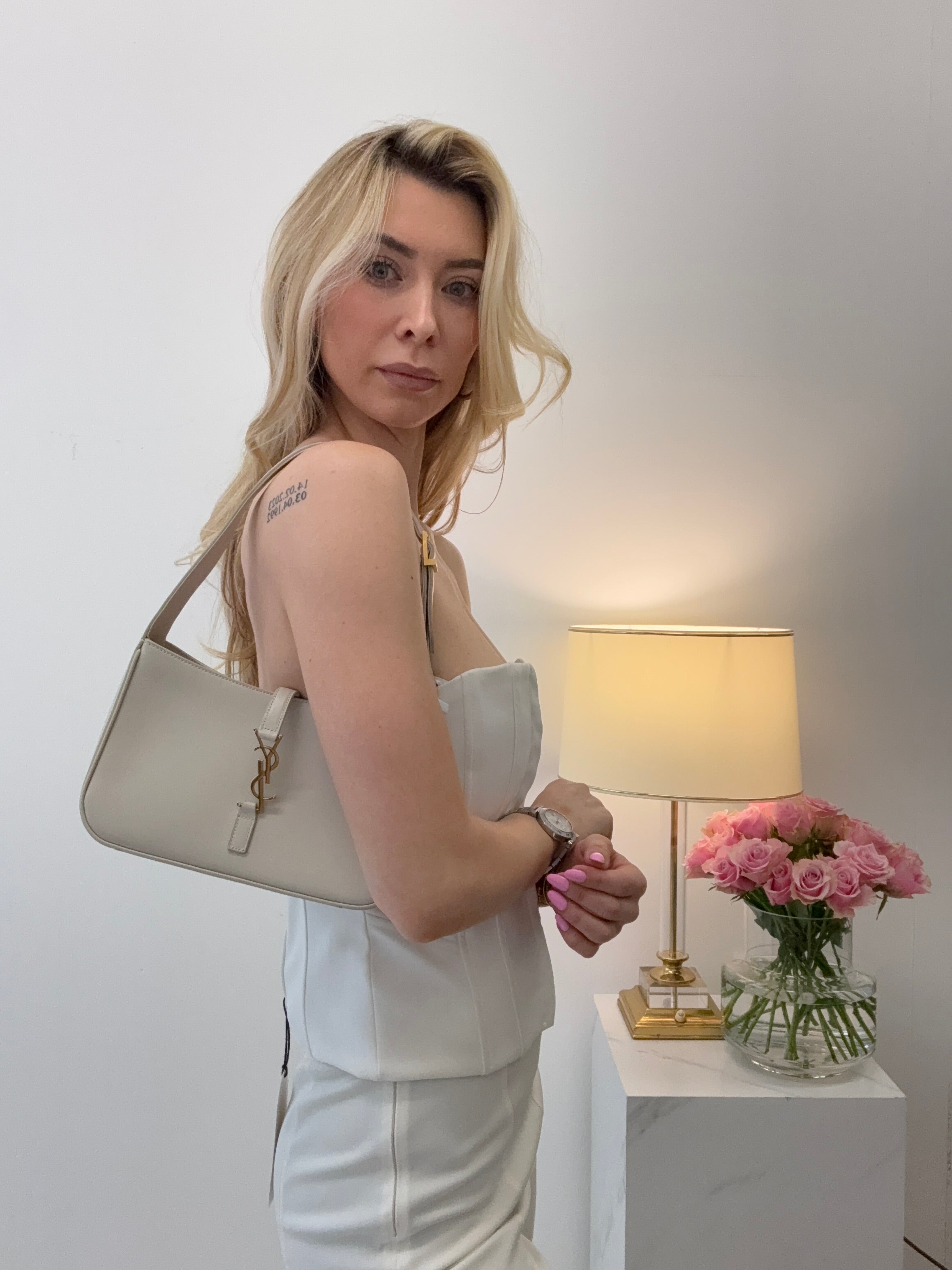 Saint Laurent Le 5 à 7 Leather Shoulder Bag Cream White with Gold Hardware