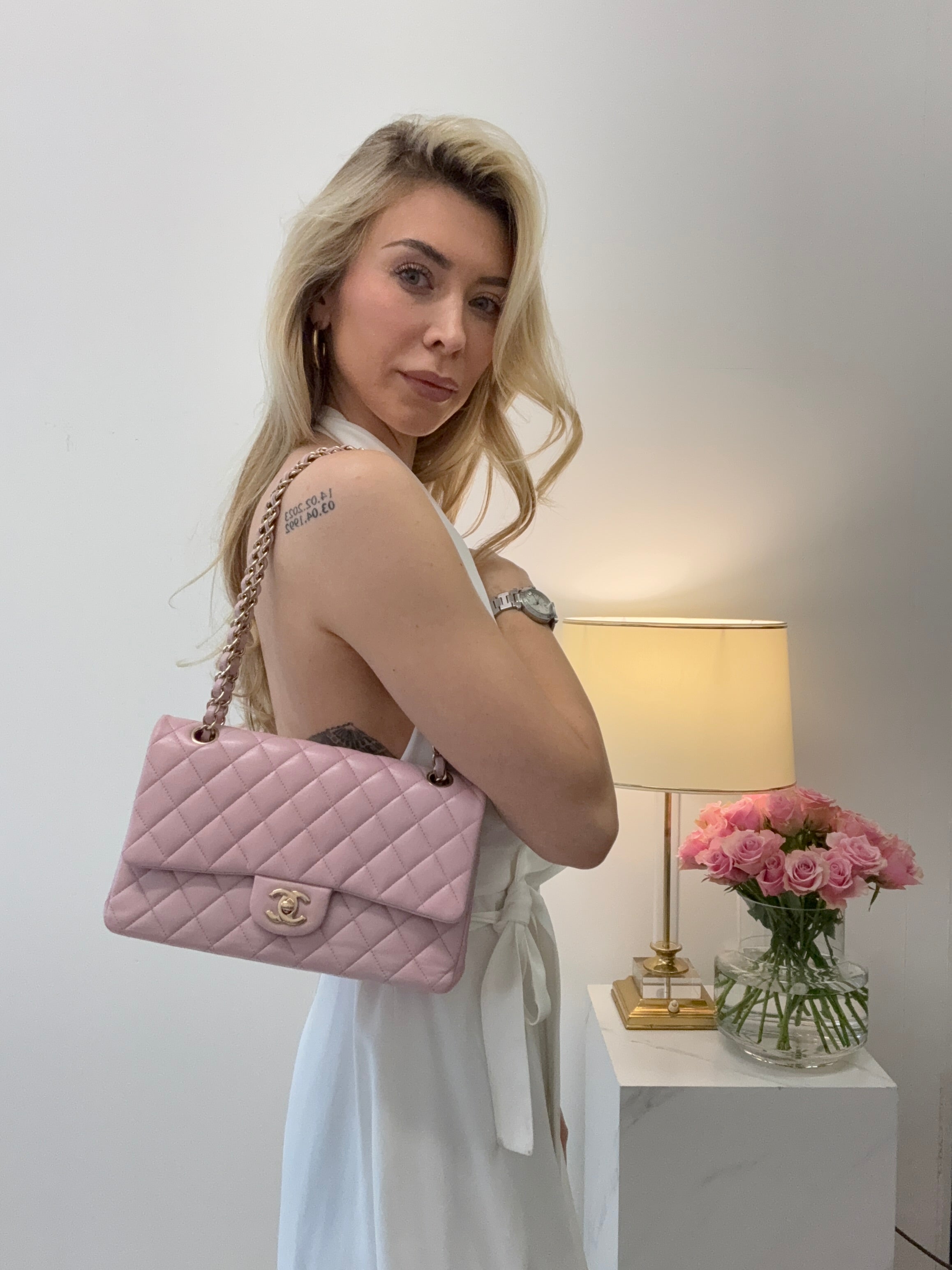 Chanel Pink Quilted Medium Classic Double Flap Bag 2017