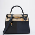 Hermes Kelly 28 Sellier Casaque Tricolour Black Blue Indigo Frida Epsom Gold Hardware