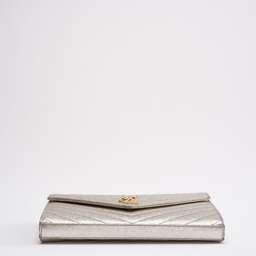 Saint Laurent Silver Chevron Monogram Envelope Chain Wallet