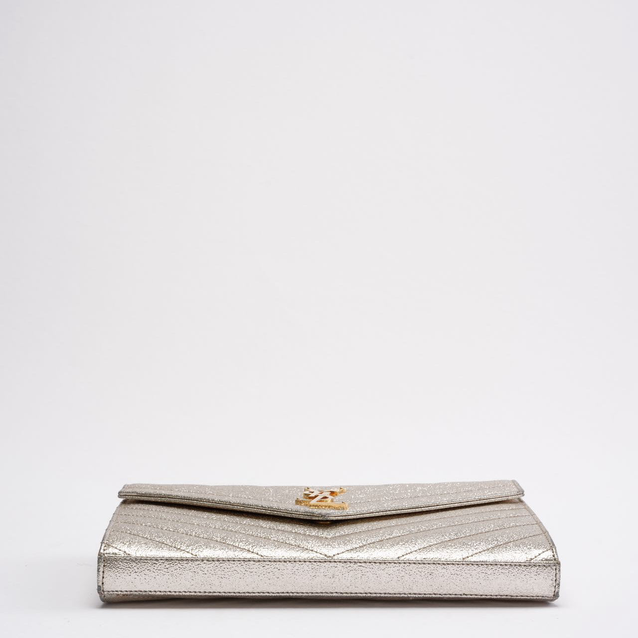 Saint Laurent Silver Chevron Monogram Envelope Chain Wallet