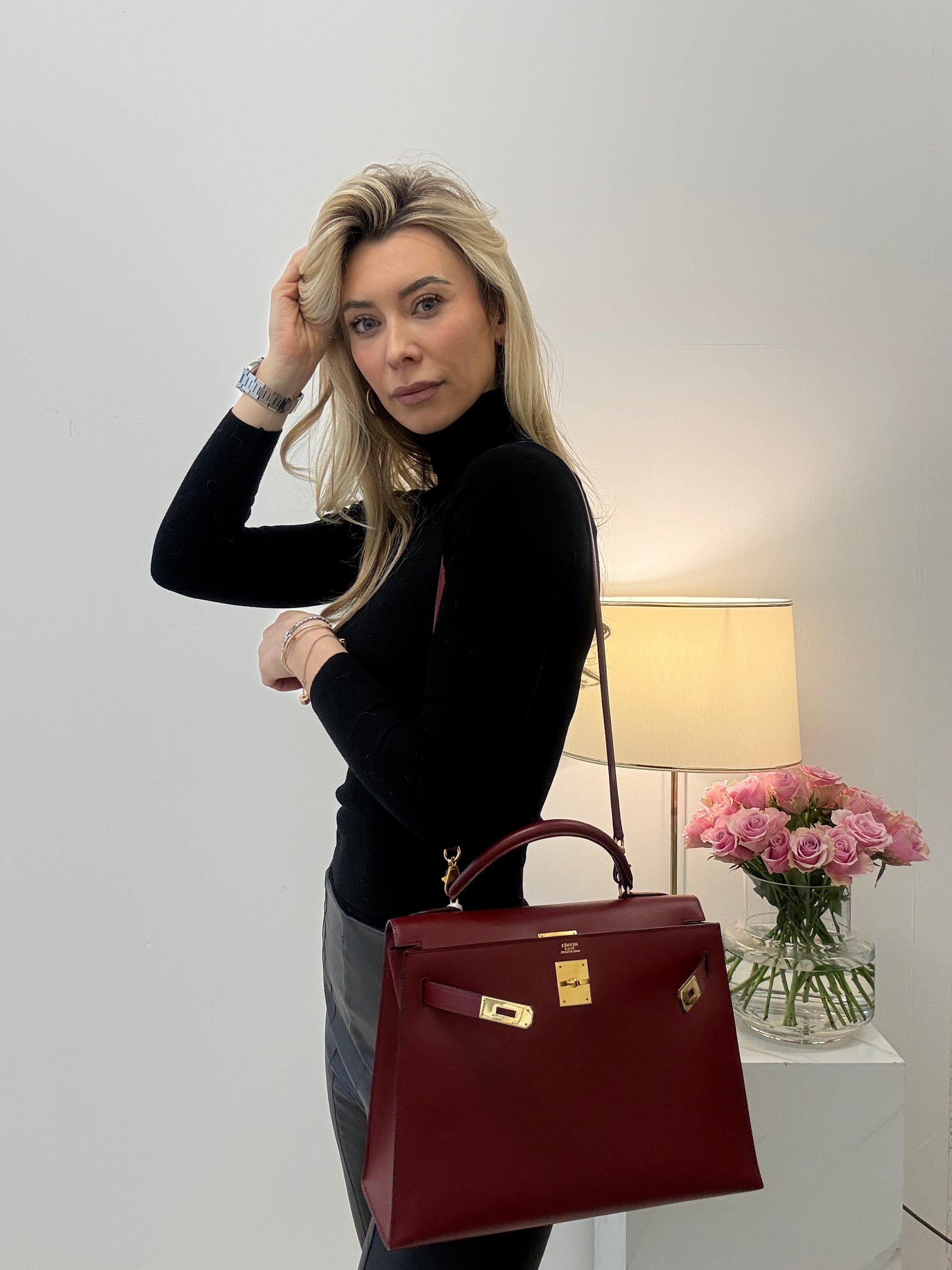 Hermes Vintgae Kelly 32 Burgundy Red Box Leather 1993