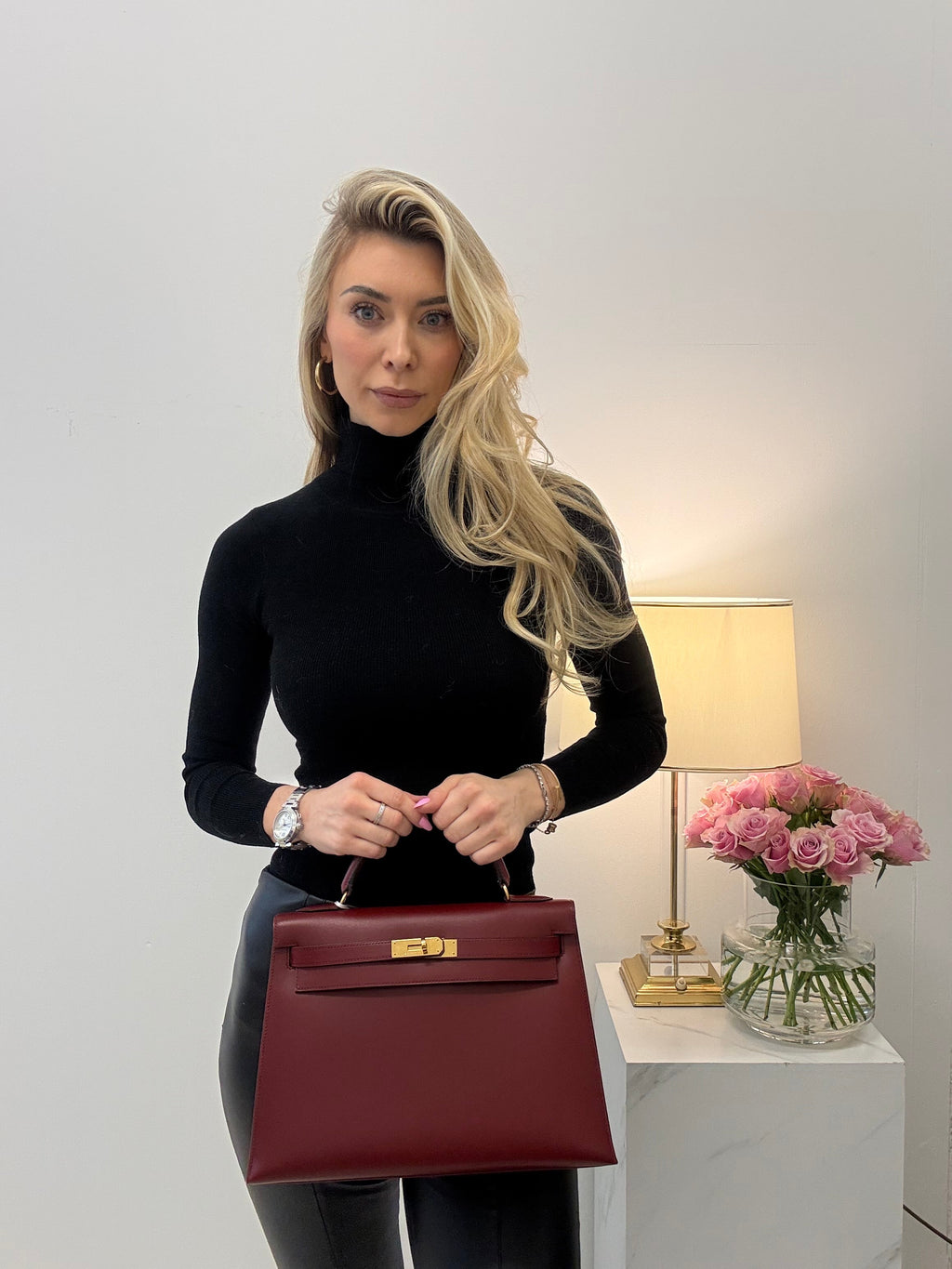 Hermes Vintgae Kelly 32 Burgundy Red Box Leather 1993
