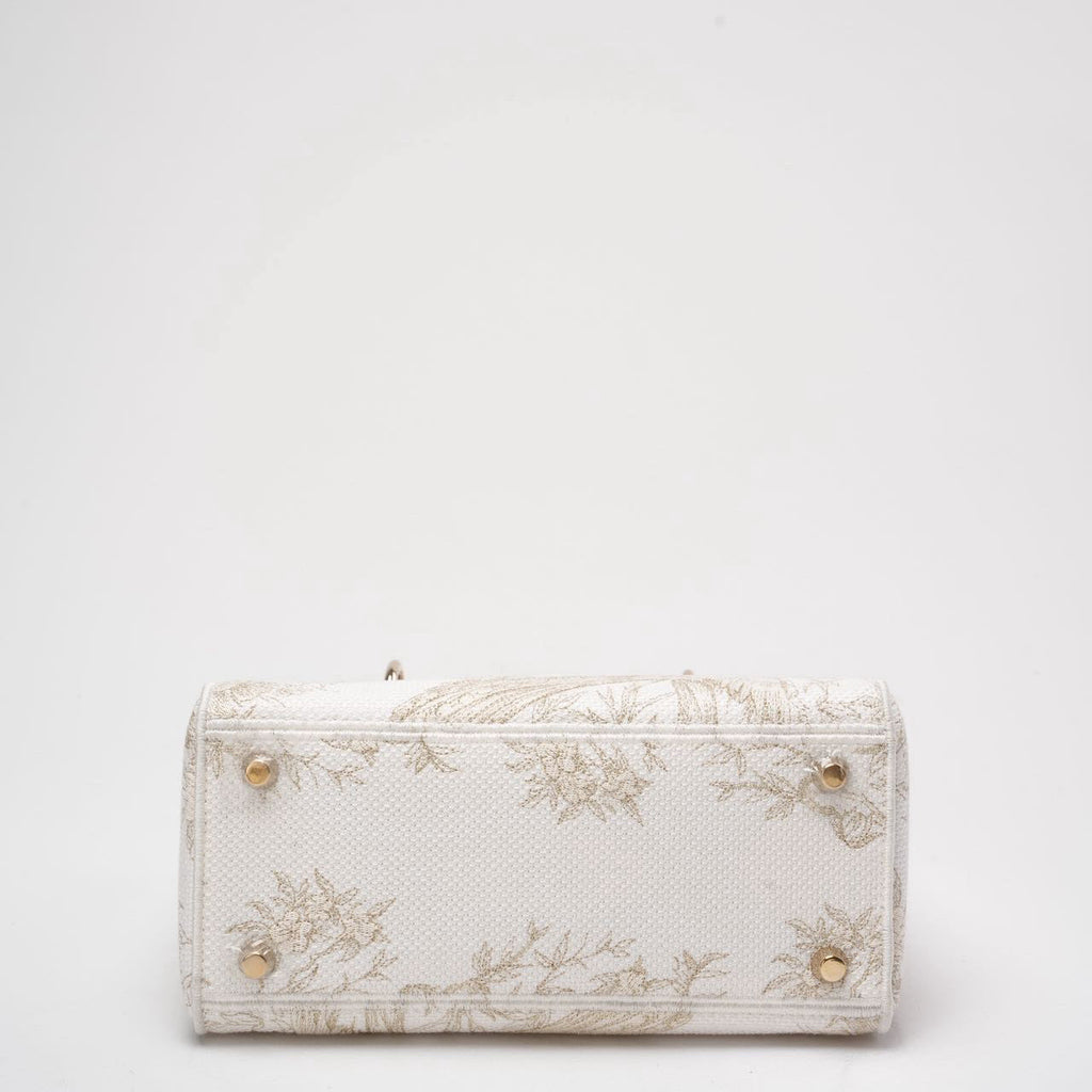 Christian Dior White / Gold Canvas Reverse Embroidered Toile De Joy Medium Lady D-Lite