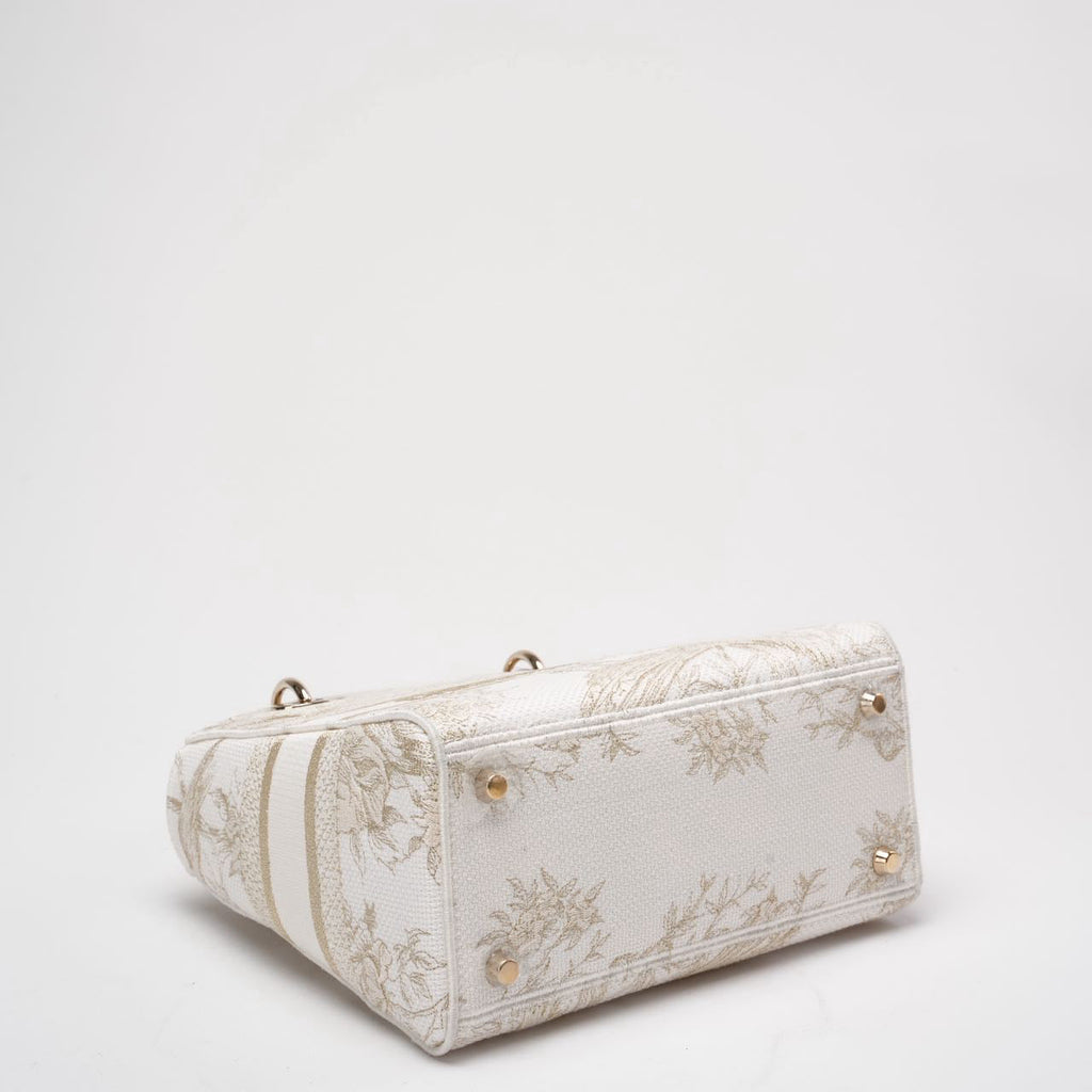 Christian Dior White / Gold Canvas Reverse Embroidered Toile De Joy Medium Lady D-Lite