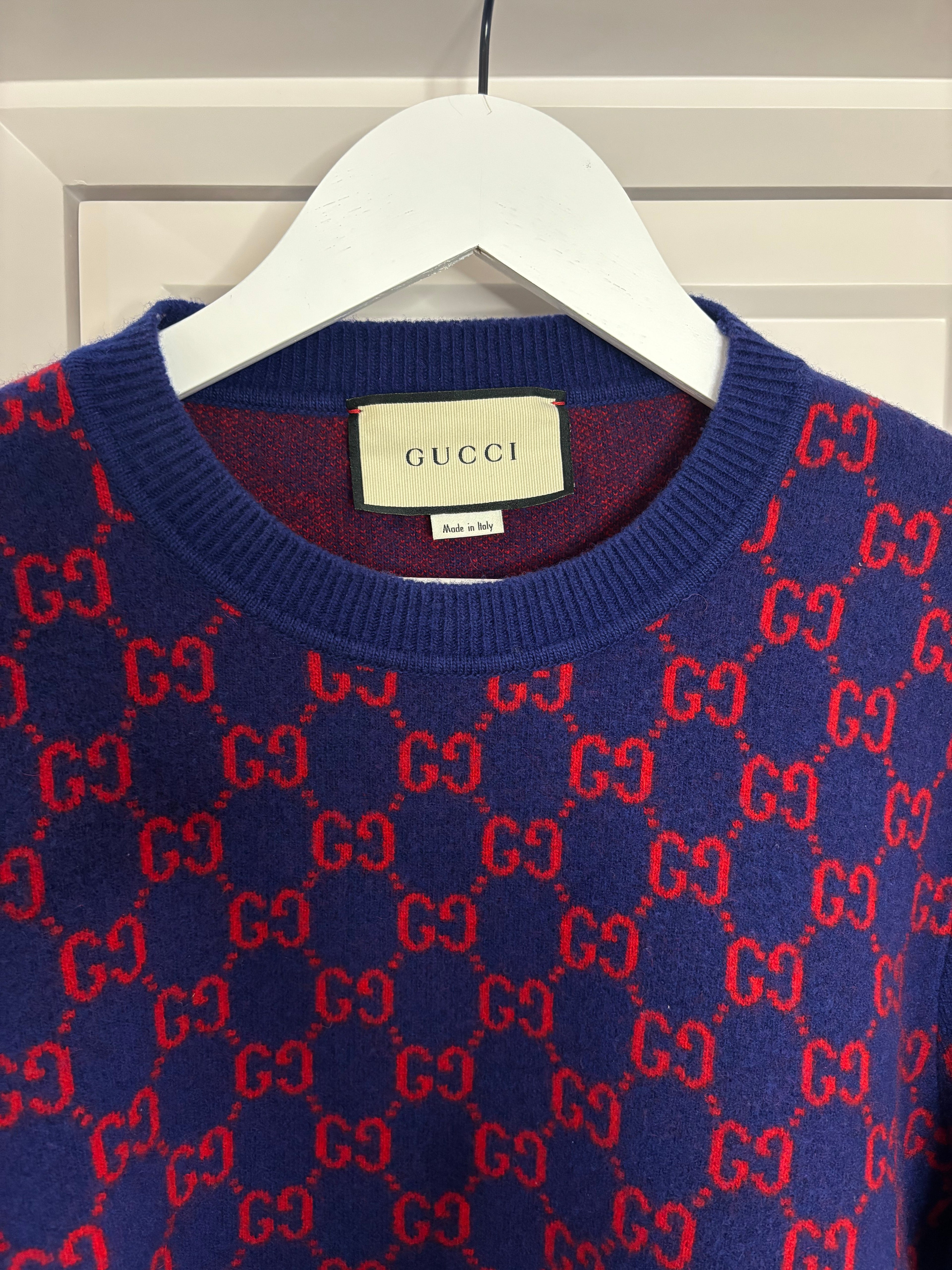 Gucci Blue Jacquard Wool & Cashmere-Blend Sweater M