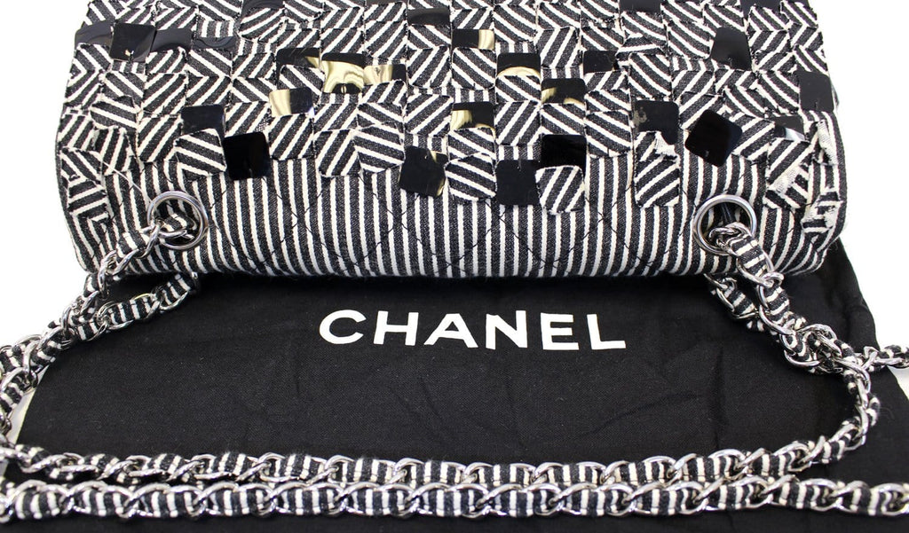 CHANEL Black/White Striped Medium Flap Shoulder Bag - Sale