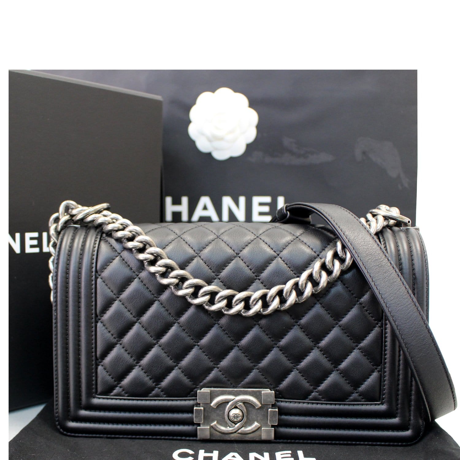 CHANEL Boy Medium Lambskin Leather Shoulder Bag Black