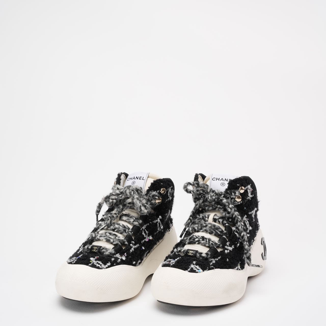 Chanel Black Tweed CC High Top Snow Sneakers Size 39 ½