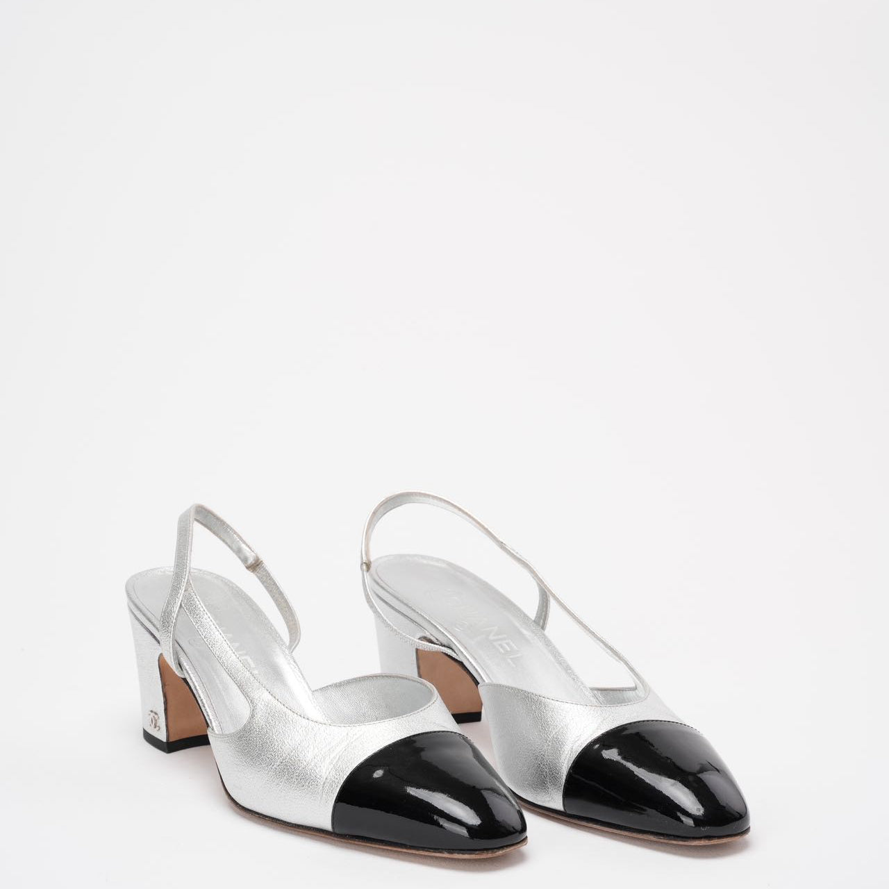 Chanel Silver / Black Leather and Patent Cap Toe CC D'osray Slingback Sandals Size 38